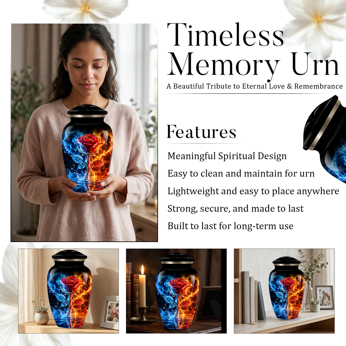Red Rose Cremation Urn for Adult Ashes – Blue and Orange Flame Memorial Urn
