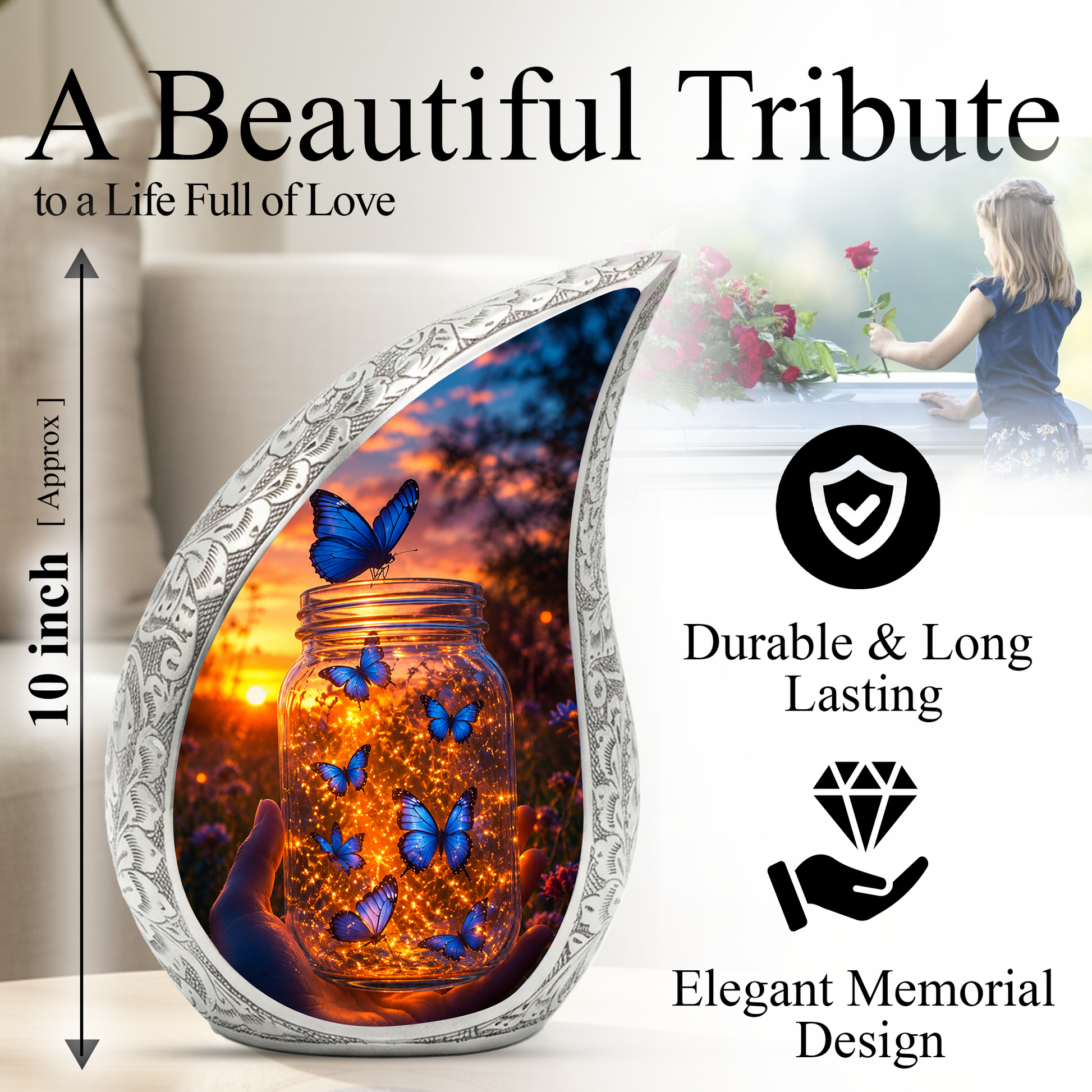 Golden Butterfly Urn for Human Ashes | Butterfly Cremation Memorial Urn