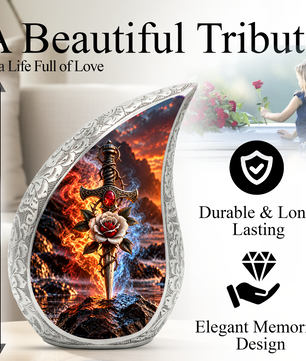 Sword and Rose Cremation Urn for Dad - Gothic Memorial Urn for Ashes