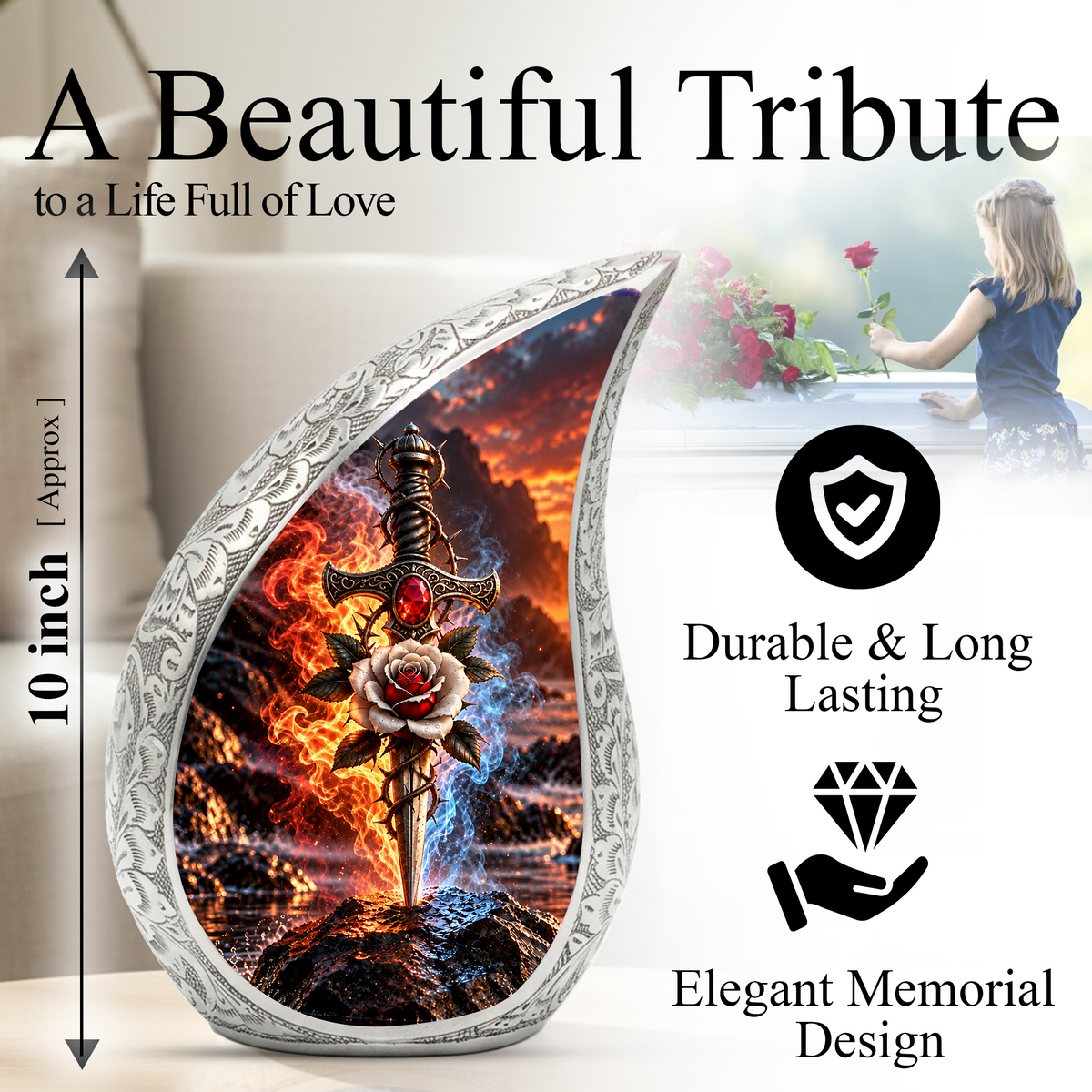 Sword and Rose Cremation Urn for Dad - Gothic Memorial Urn for Ashes