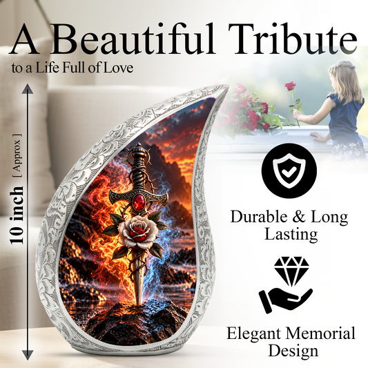 Sword and Rose Cremation Urn for Dad - Gothic Memorial Urn for Ashes