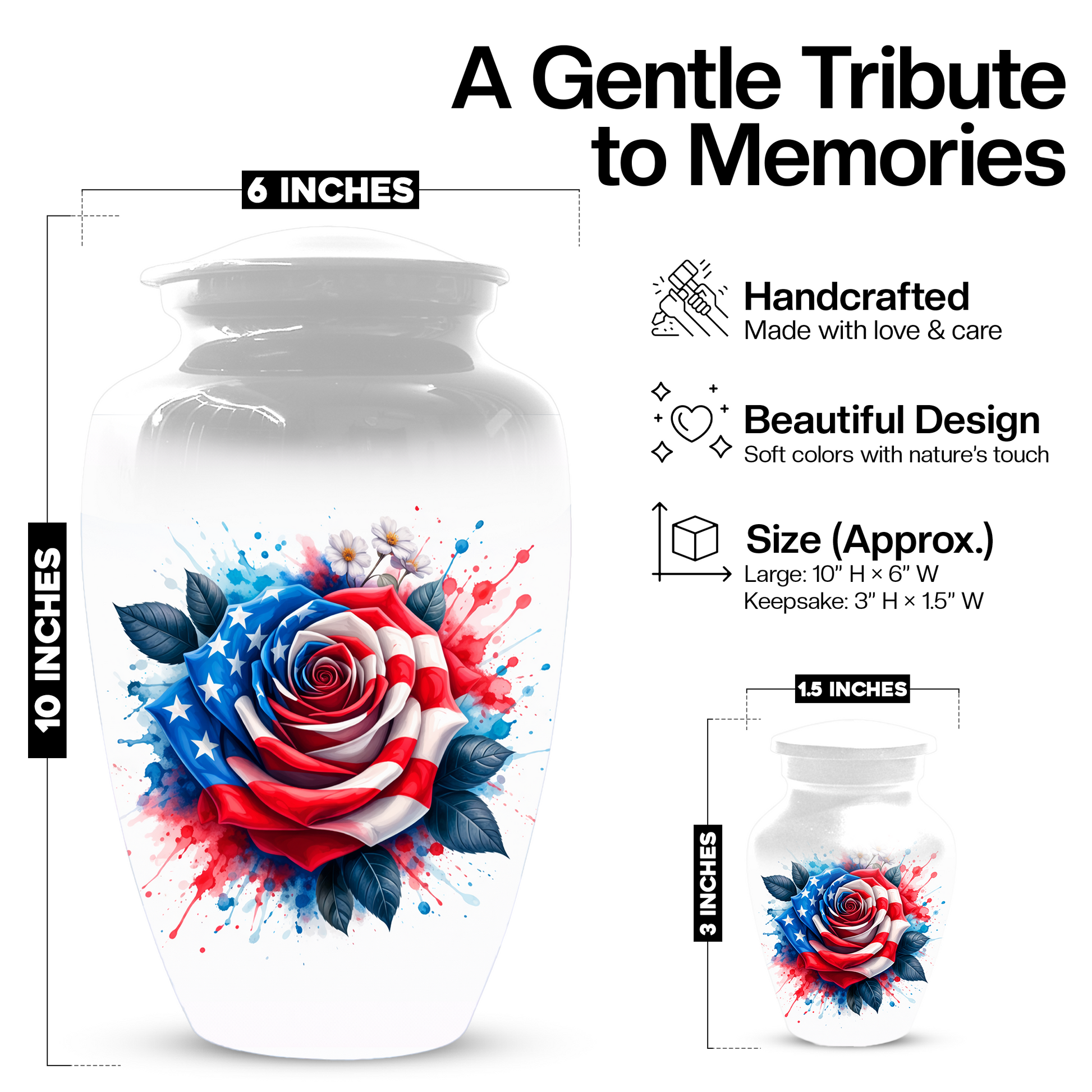 American Flag Rose Urn for Ashes, Patriotic Memorial Urn, Veteran Cremation Urn