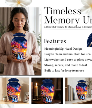 Personalized Adult Cremation Urn for Ashes, Custom Memorial Urn, Fantasy Sunset Waterfall and Cherry Blossom Design