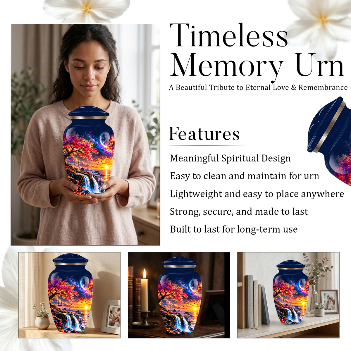 Personalized Adult Cremation Urn for Ashes, Custom Memorial Urn, Fantasy Sunset Waterfall and Cherry Blossom Design