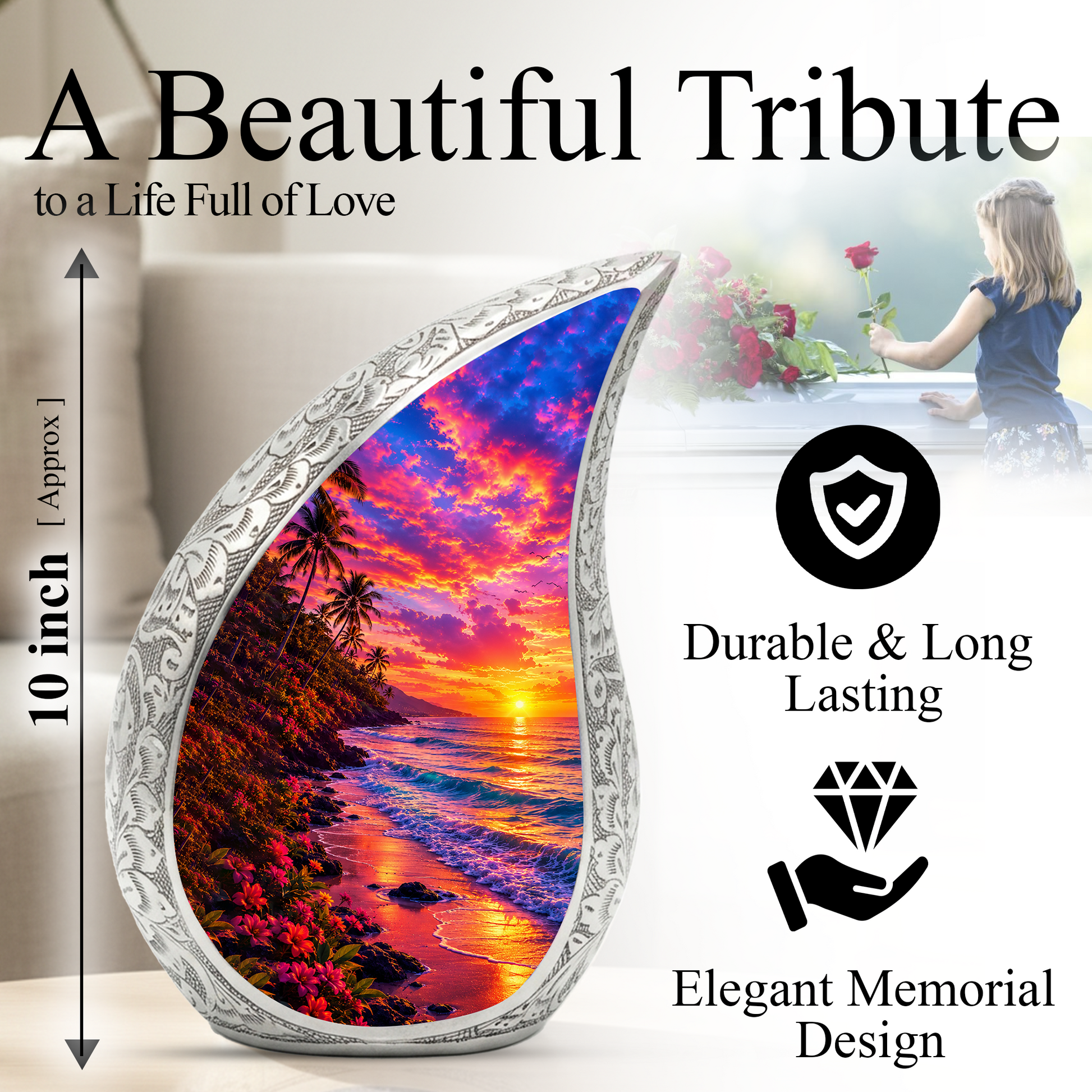 Beach Sunset Cremation Urn for Human Ashes – Ocean Wave Adult Memorial Urn, Beach Keepsake Urn for Mom, Women & Loved Ones