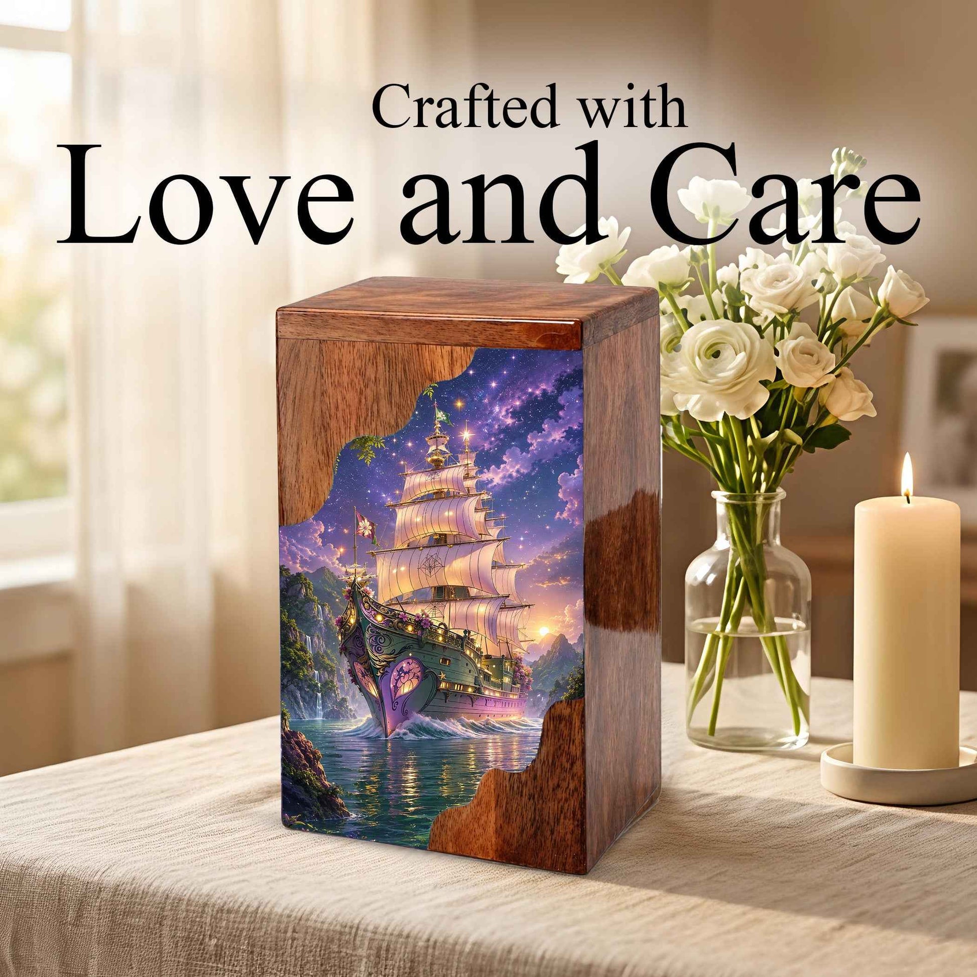 Wooden Cremation Urn for Human Ashes, Sailing Ship Memorial Urn, Adult Cremation Urn