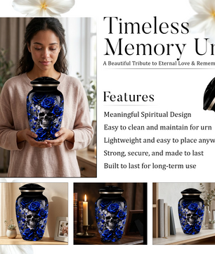 Blue Rose Skull Adult Urn for Ashes – Memorial Cremation Urn for Adults,