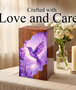 Hummingbird Cremation Urn for Mom | Purple Floral Wooden Urn for Human