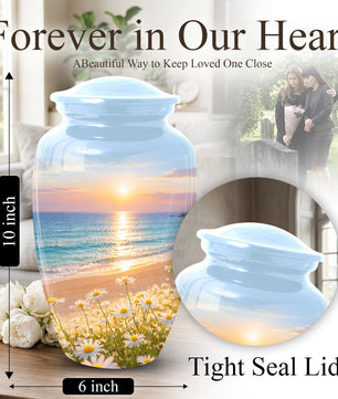 Beach Urn for Mom – Sunset Ocean Cremation Urn for Ashes | Beautiful Memorial Large Urn for Women