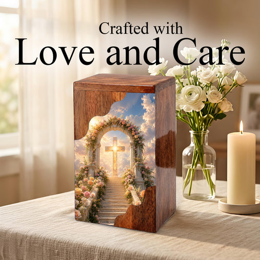Cross Wooden Cremation Urn – Christian Memorial Urn for Human Ashes