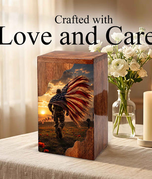 Military Wooden Cremation Urn for Dad | Personalized Veteran Urn for Human Ashes | American Flag Memorial Urn