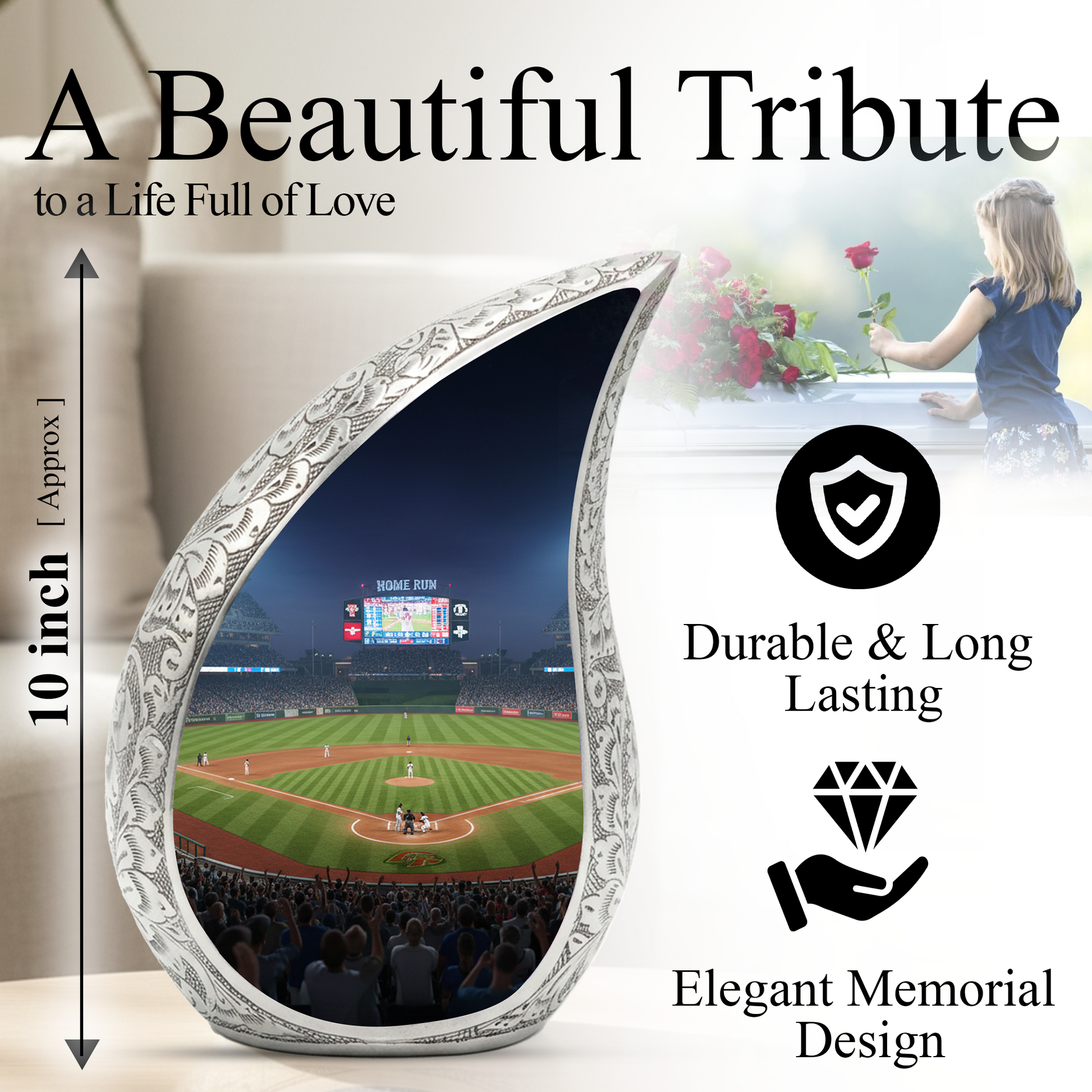 Baseball Personalized Cremation Urn for Dad – Teardrop Style Aluminum Memorial Urn, 10 Inch