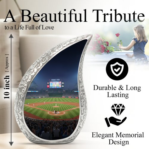 Baseball Personalized Cremation Urn for Dad – Teardrop Style Aluminum Memorial Urn, 10 Inch