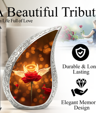 Angel Rose Personalized Cremation Urn – Teardrop Memorial Urn for Ashes | 10 Inch Aluminum Urn