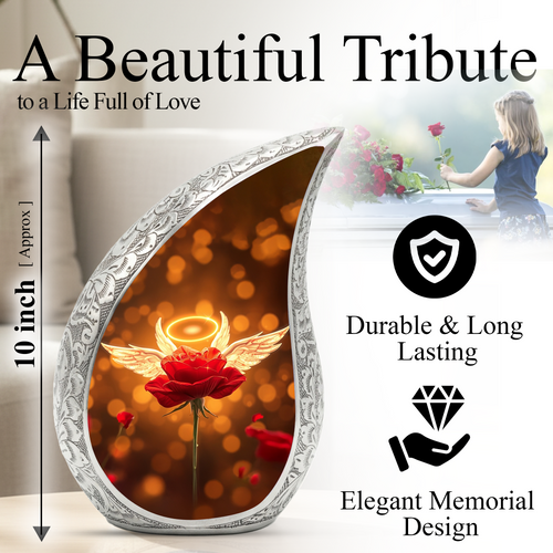 Angel Rose Personalized Cremation Urn – Teardrop Memorial Urn for Ashes | 10 Inch Aluminum Urn