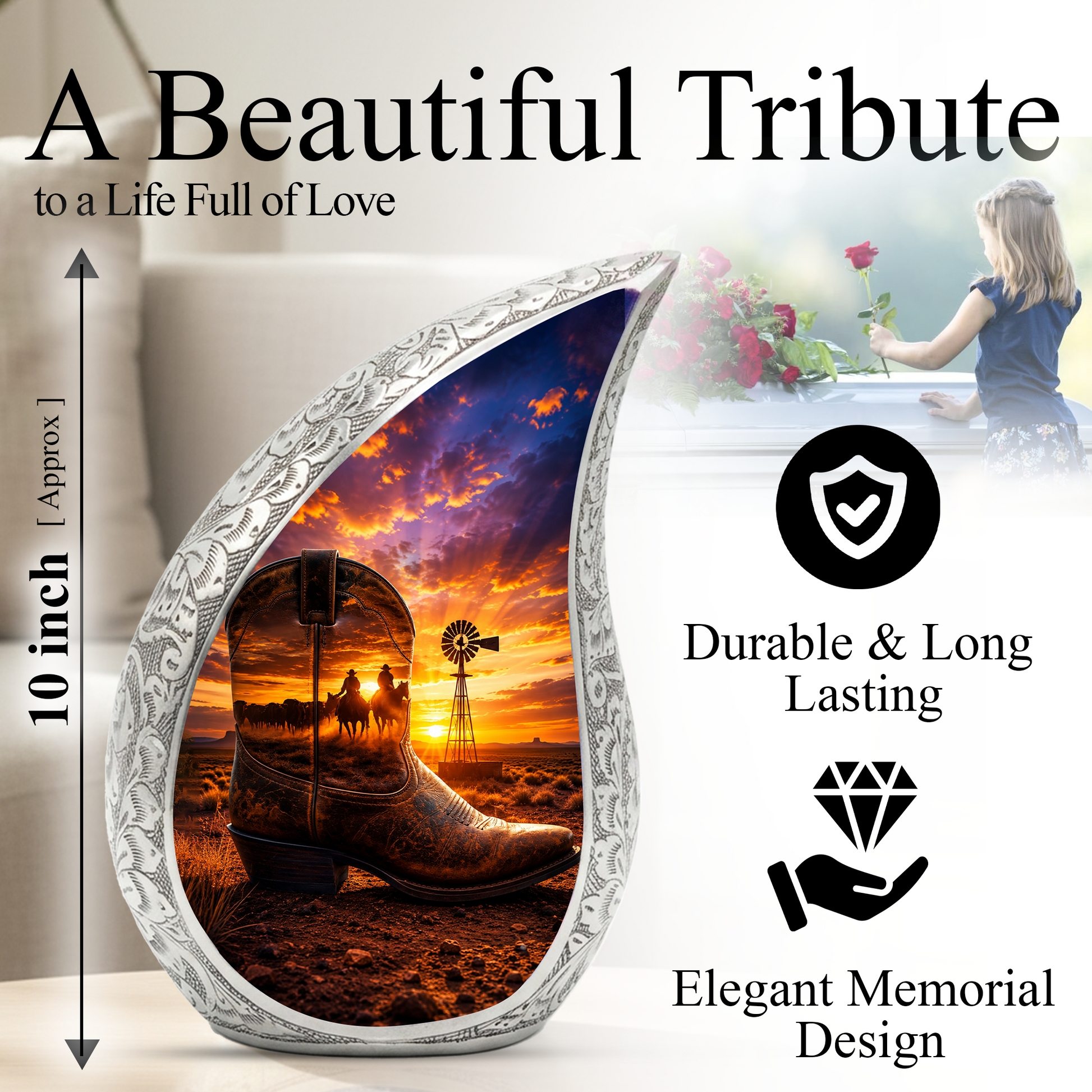 Western Cowboy Boot Memorial Urn for Dad | Adult Cremation Urn for Ashes