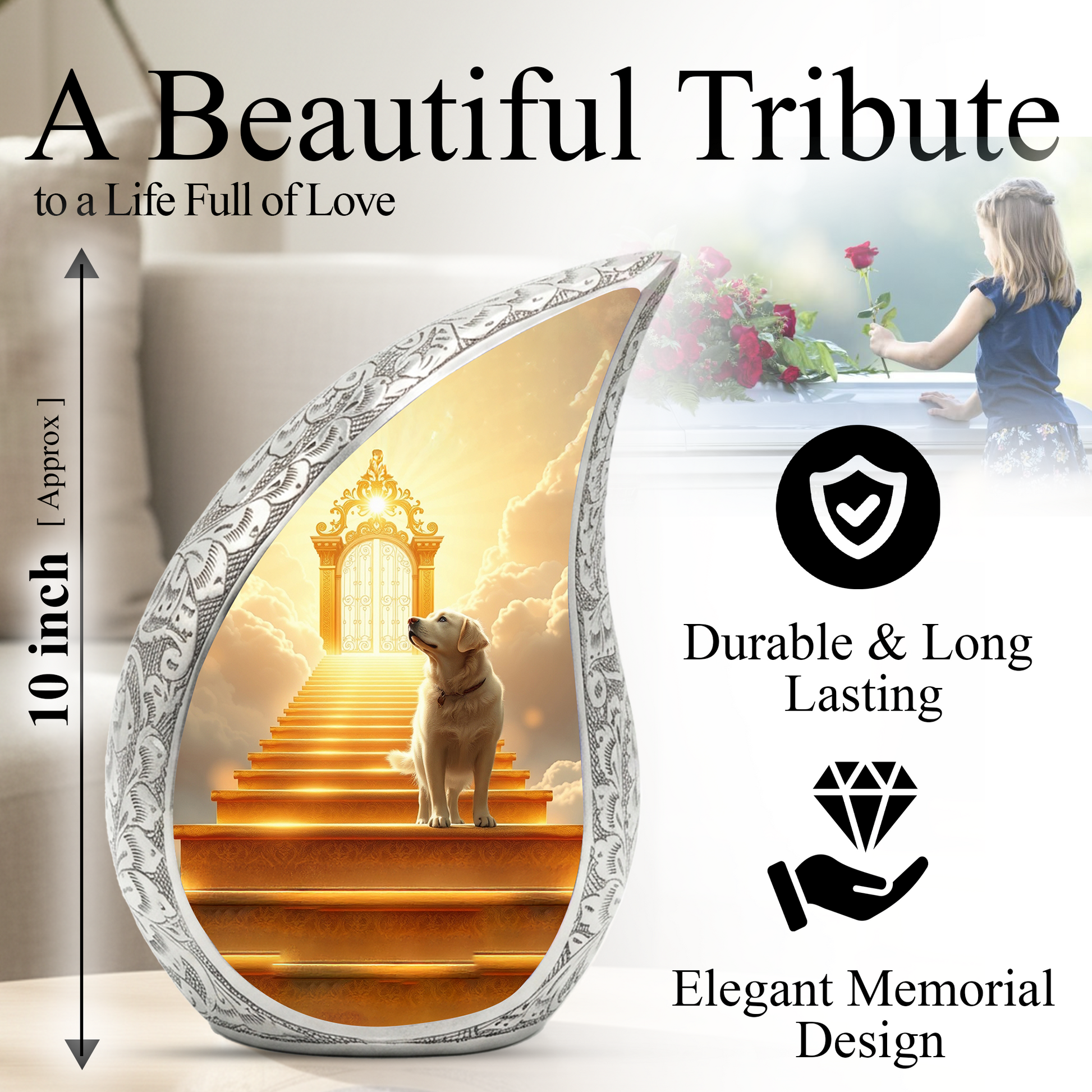 Personalized Dog Cremation Urn – Teardrop Style Aluminum Pet Memorial Urn, 10 Inch