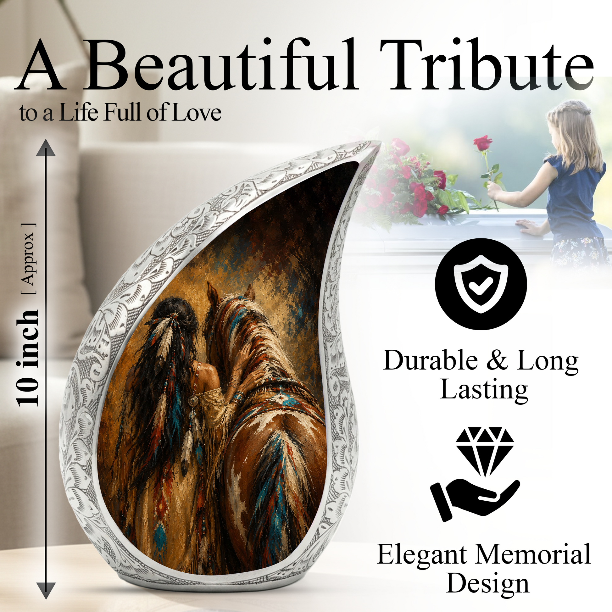 Native American Horse Memorial Urn for Mom, Beautiful Cremation Urn for Women