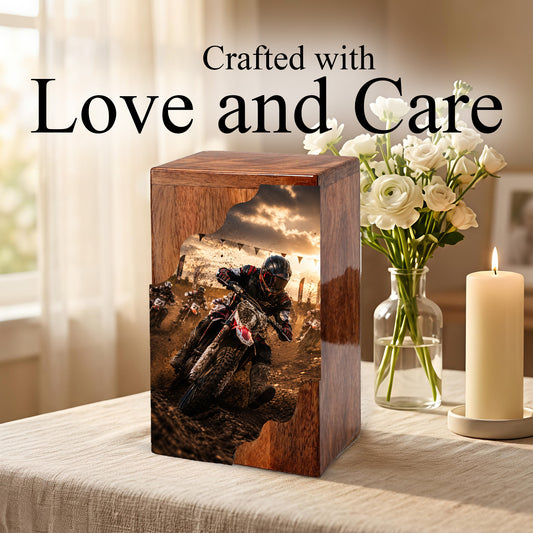 Motorcycle Wooden Cremation Urn for Dad – Personalized Wooden Urn for Human Ashes