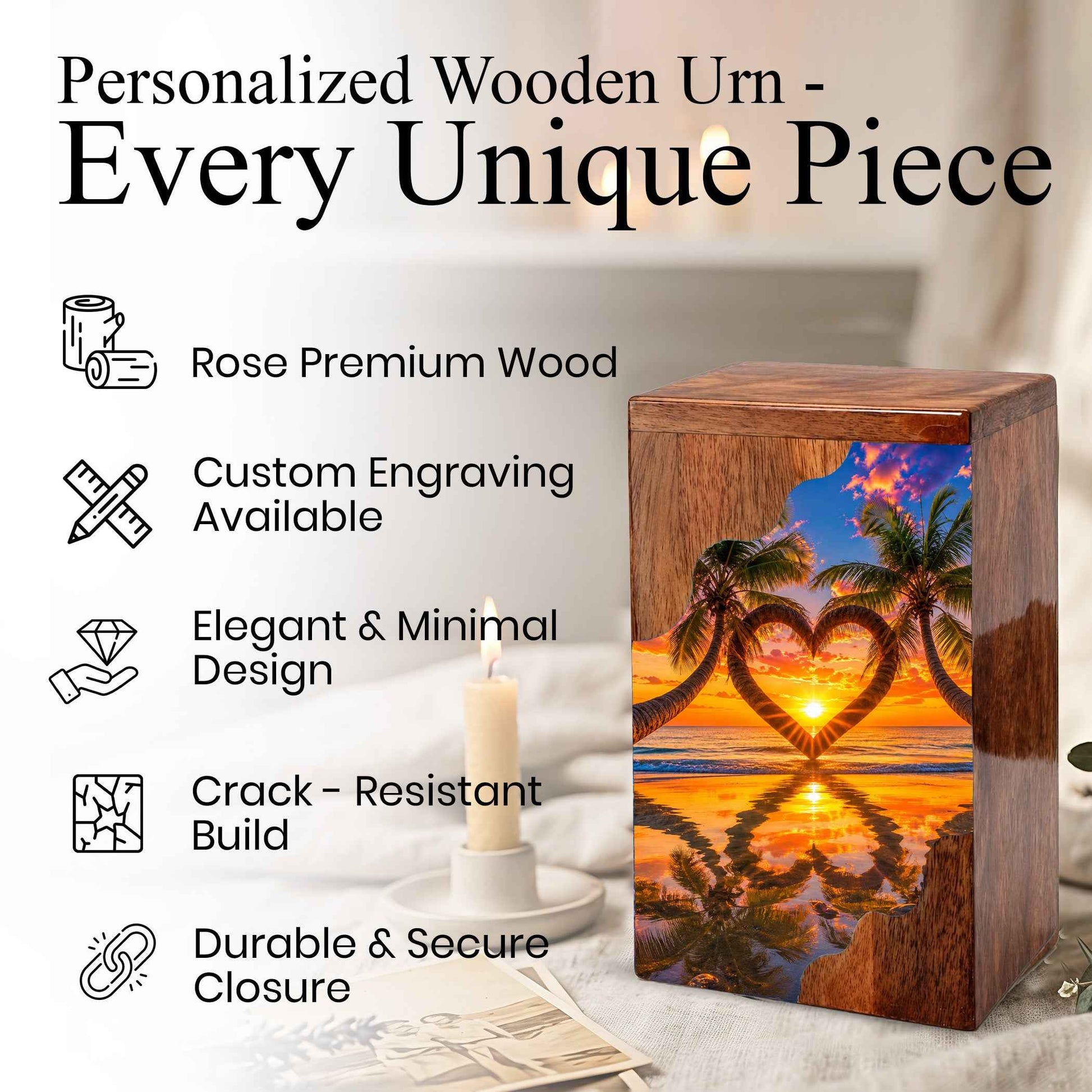 Sunset Beach Urn For Human Ashes – Coastal Beach Mini Wooden Keepsake