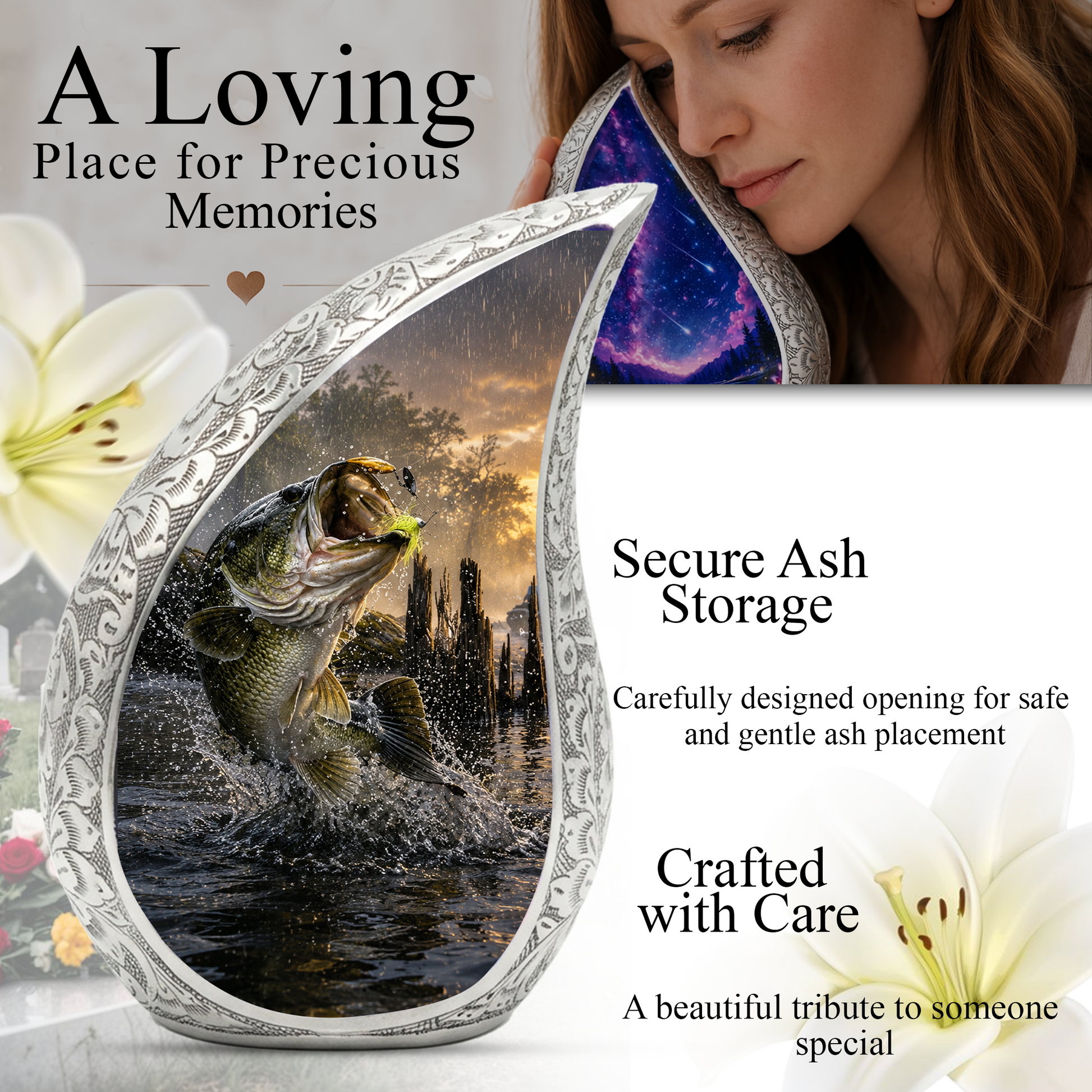 Fishing Urn for Dad, Gone Fishing Cremation Urn for Ashes, Bass Fish Memorial Urn