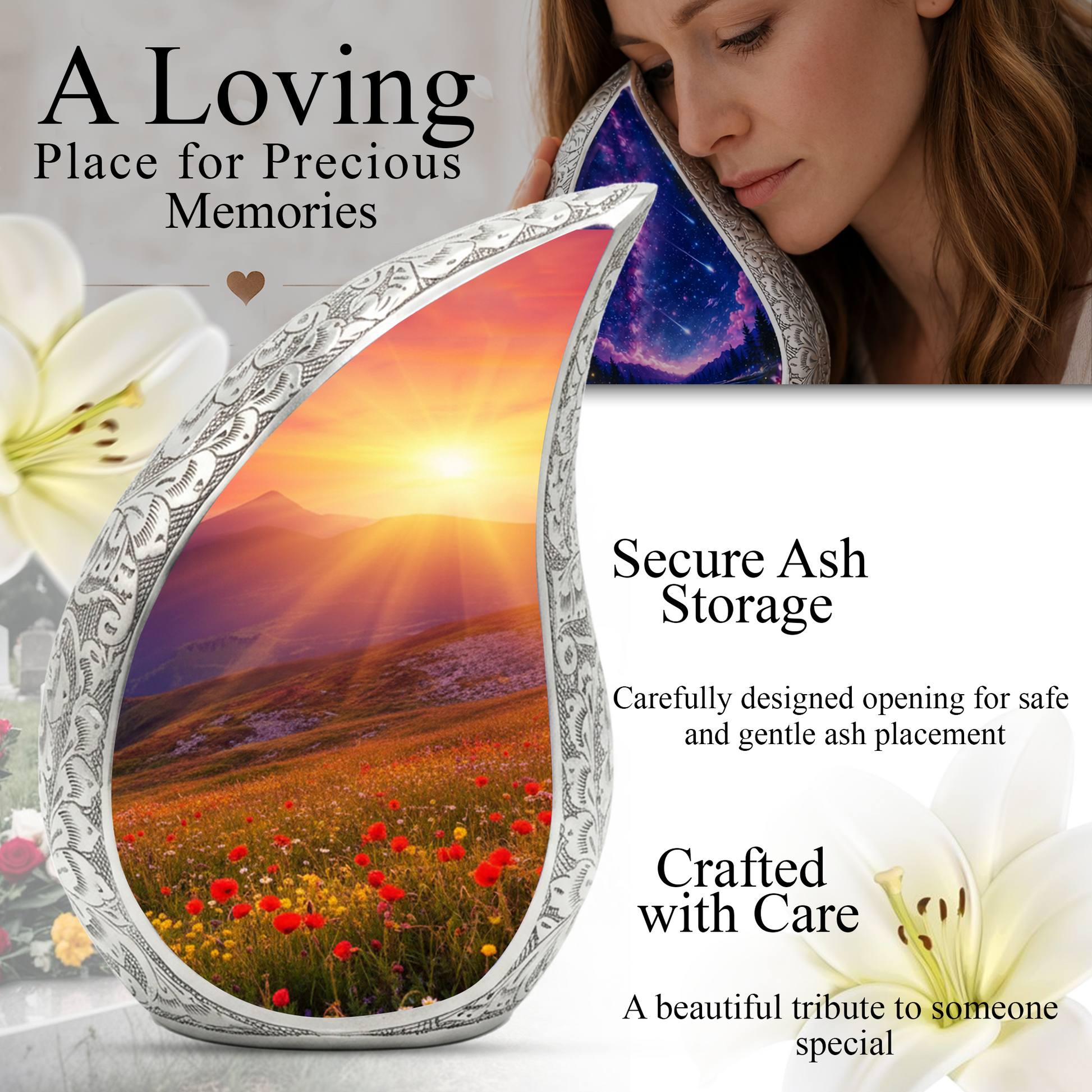 Sunrise Personalized Cremation Urn – Teardrop Style Aluminum Memorial Urn, 10 Inch