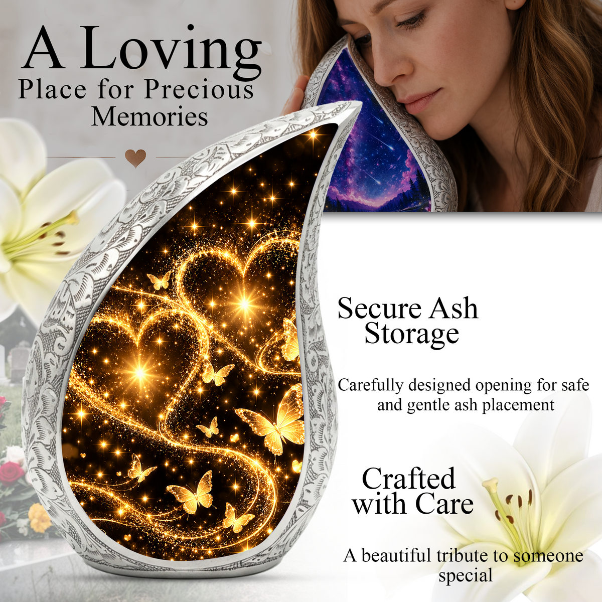 Gold Butterfly Cremation Urn for Ashes, Heart Memorial Urn