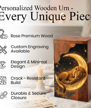 Lion Wooden Cremation Urn for Dad, Sleeping Lion Moon Urn