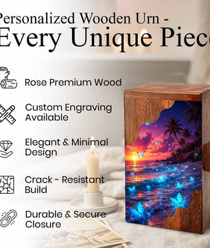 Butterfly Beach Wooden Cremation Urn – Sunset Ocean Memorial Urn for Mom