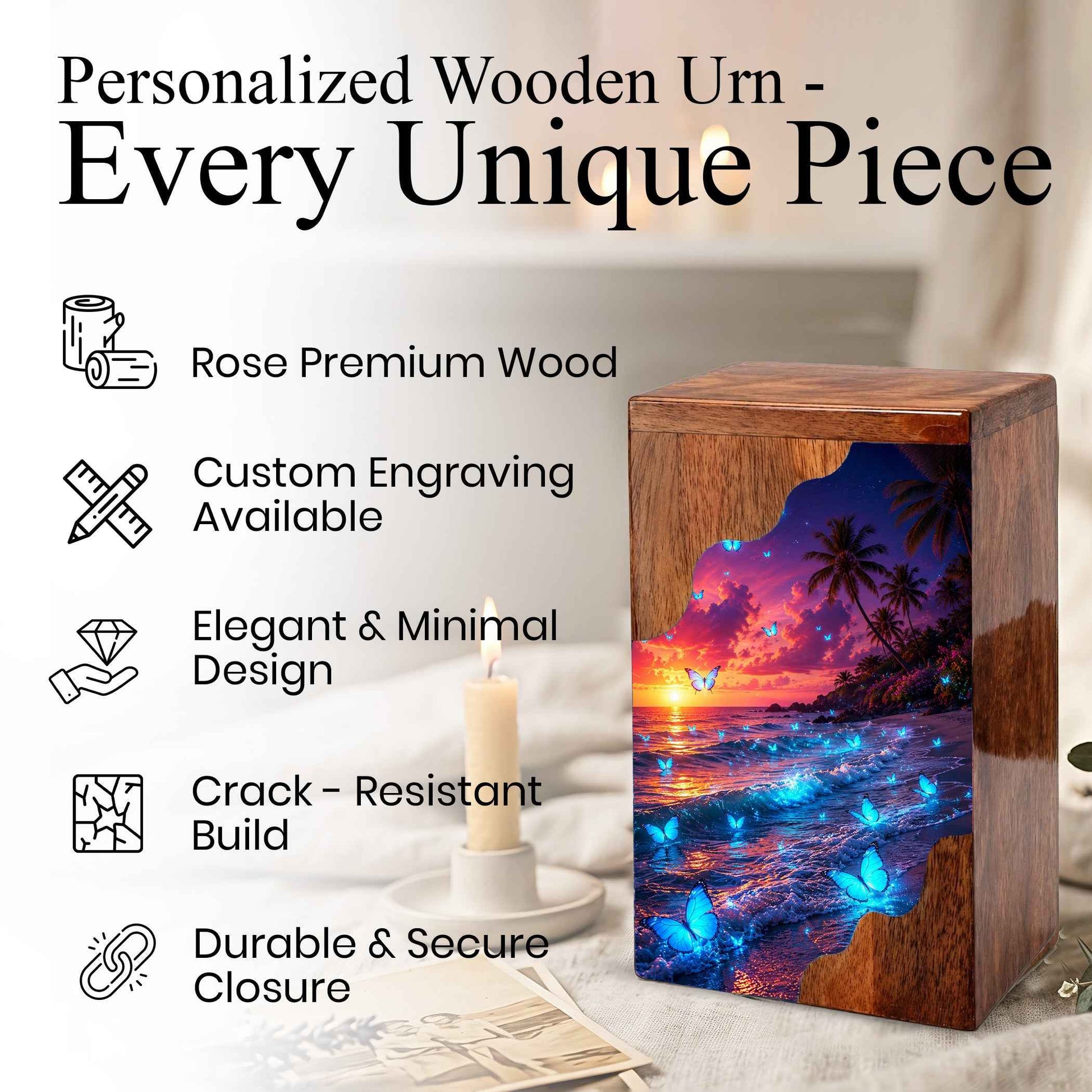 Butterfly Beach Wooden Cremation Urn – Sunset Ocean Memorial Urn for Mom