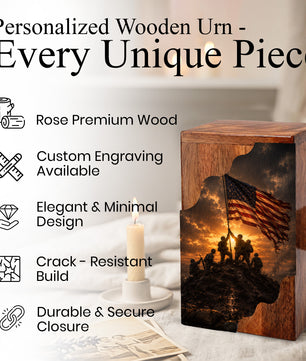 Patriotic Wooden Cremation Urn | Veteran Memorial Urn for Dad | Military Urn with American Flag