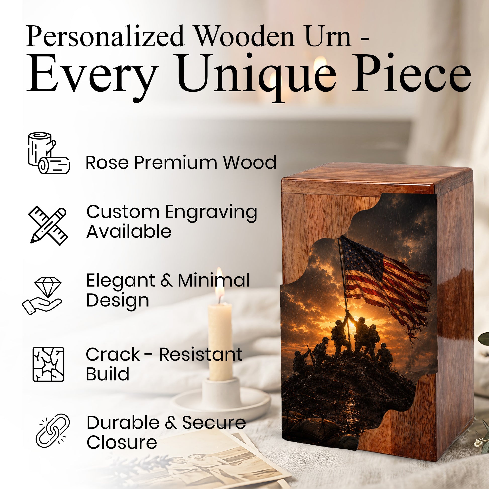Patriotic Wooden Cremation Urn | Veteran Memorial Urn for Dad | Military Urn with American Flag