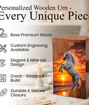 Sunset Horse Wooden Cremation Urn – Ocean Memorial Urn for Human Ashes