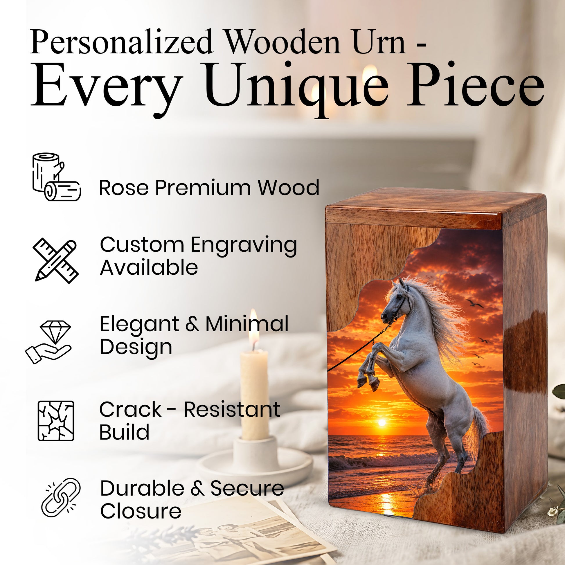Sunset Horse Wooden Cremation Urn – Ocean Memorial Urn for Human Ashes