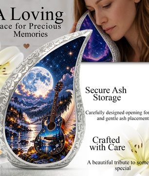 Guitar Cremation Urn for Ashes, Personalized Music Memorial Adult Urn, Celestial Moon Guitar Urn, Handmade Aluminum Cremation Urn