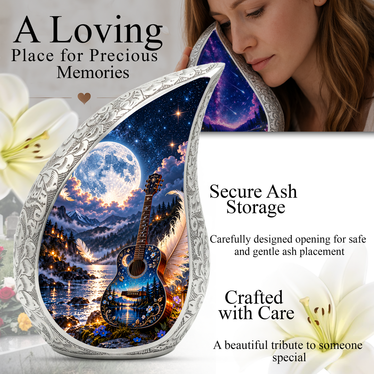 Guitar Cremation Urn for Ashes, Personalized Music Memorial Adult Urn, Celestial Moon Guitar Urn, Handmade Aluminum Cremation Urn