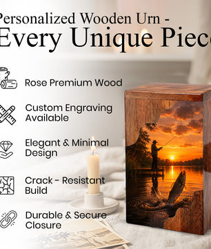 Sunset Fishing Wooden Cremation Urn – Personalized Memorial Urn for Human Ashes