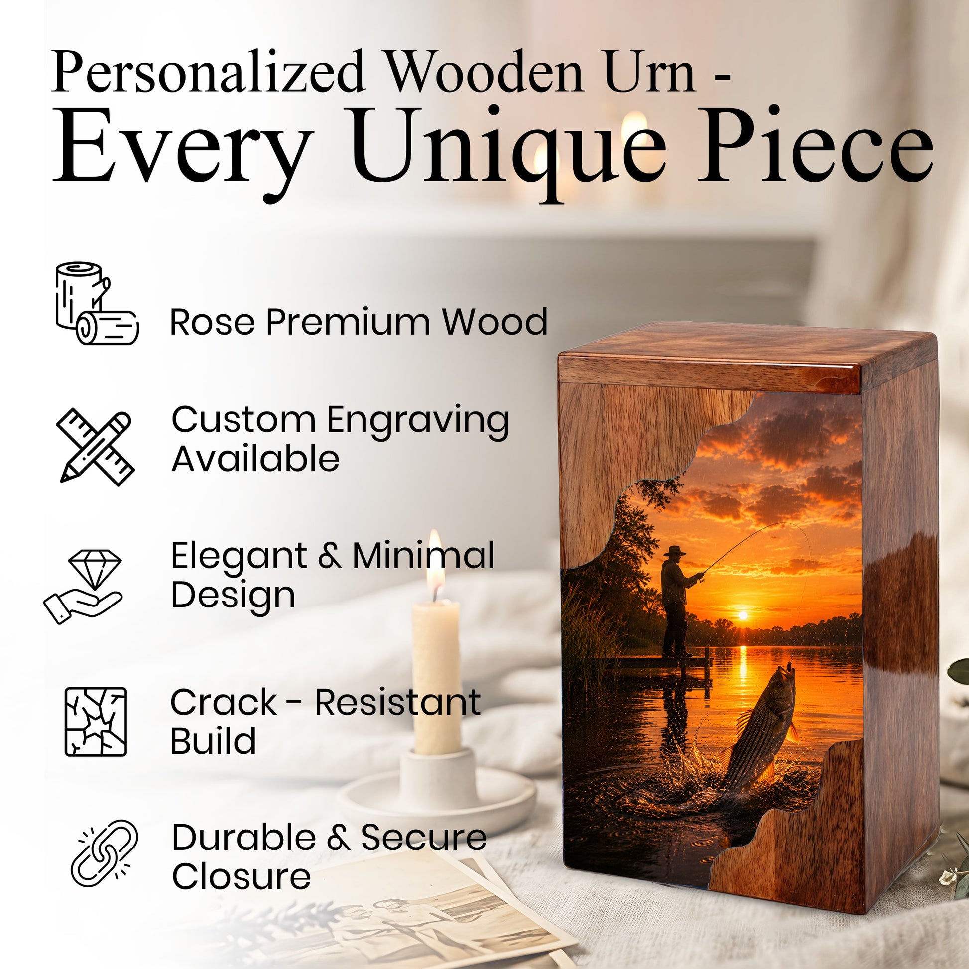 Sunset Fishing Wooden Cremation Urn – Personalized Memorial Urn for Human Ashes