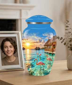 Adult Cremation Urn for Ashes, Personalized Aluminum Adult Urn, Tropical Beach Flamingo Memorial Urn