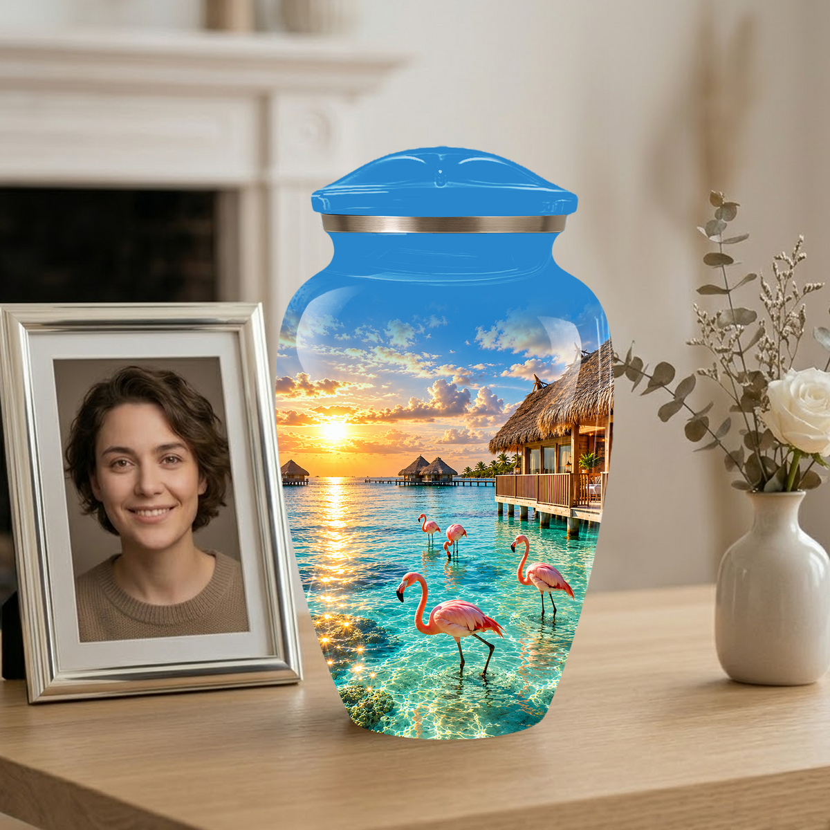Adult Cremation Urn for Ashes, Personalized Aluminum Adult Urn, Tropical Beach Flamingo Memorial Urn