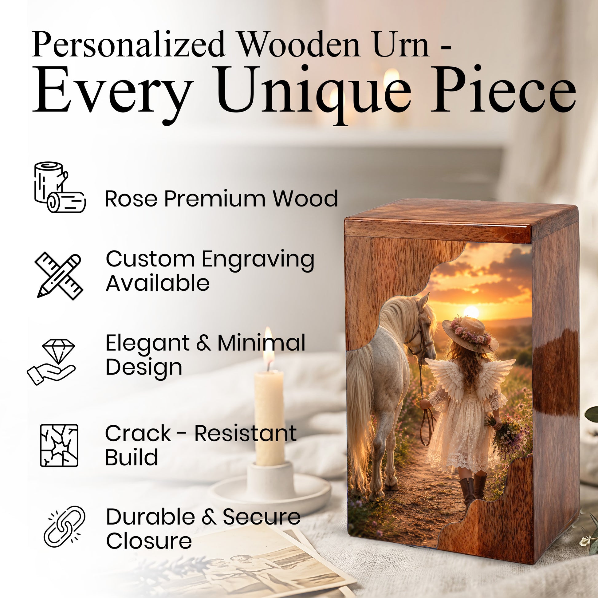 Angel Horse Wooden Cremation Urn – Memorial Urn for Human Ashes