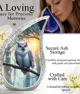 Enchanted Owl Personalized Cremation Urn – Teardrop Memorial Urn for Ashes | 10 Inch Aluminum Adult Urn