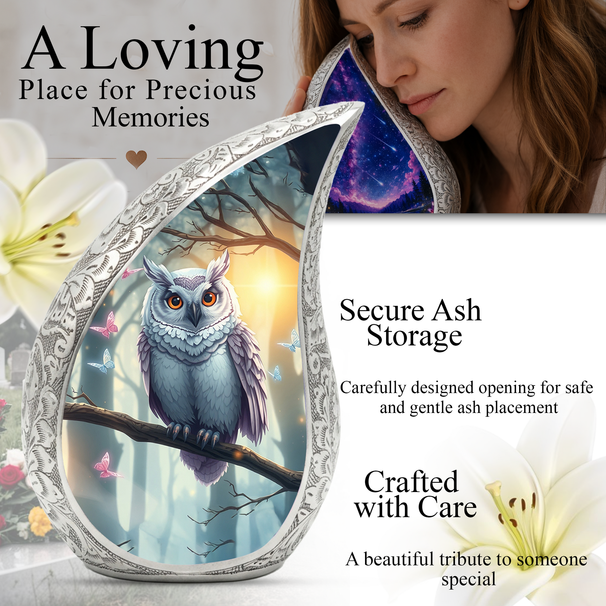 Enchanted Owl Personalized Cremation Urn – Teardrop Memorial Urn for Ashes | 10 Inch Aluminum Adult Urn