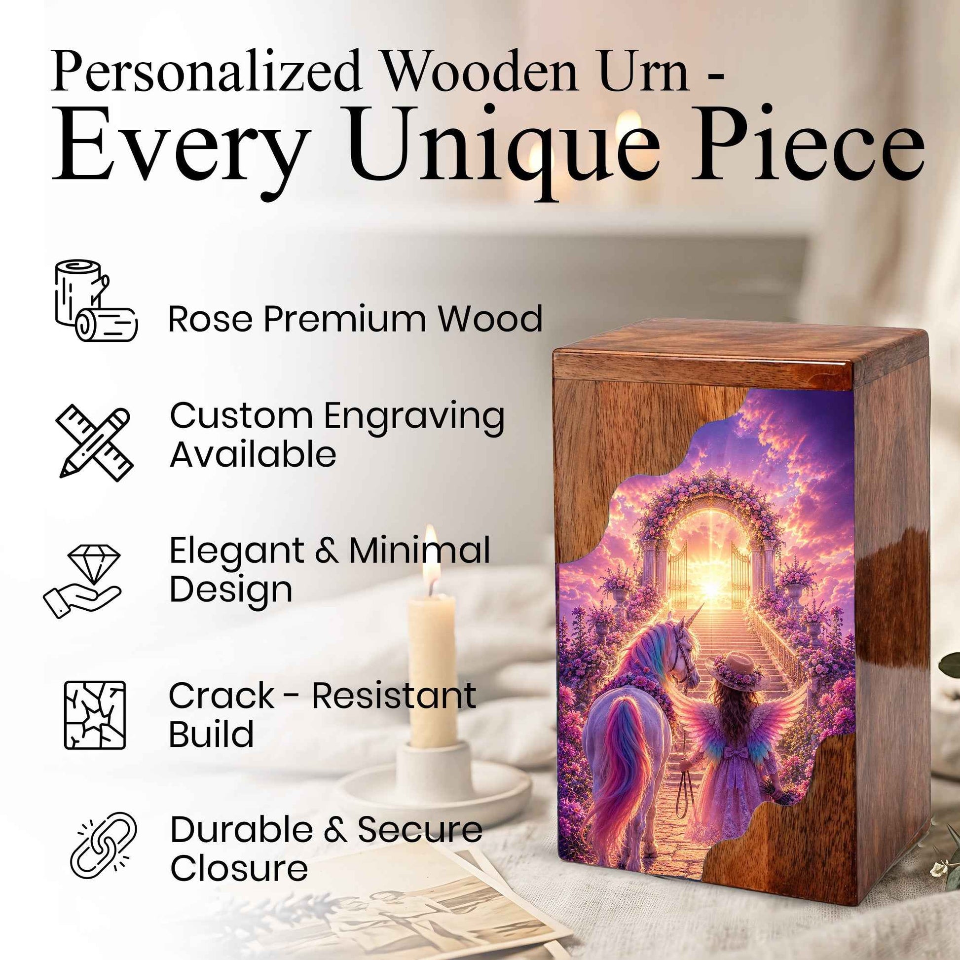 Angel Heaven Gate Wooden Cremation Urn – Heavenly Garden Memorial Wooden Urn for Human Ashes