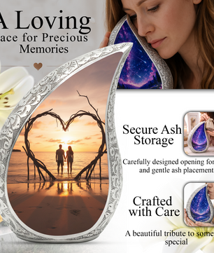 Couple Love Sunset Personalized Cremation Urn – Teardrop Aluminum Memorial Urn, 10 Inch