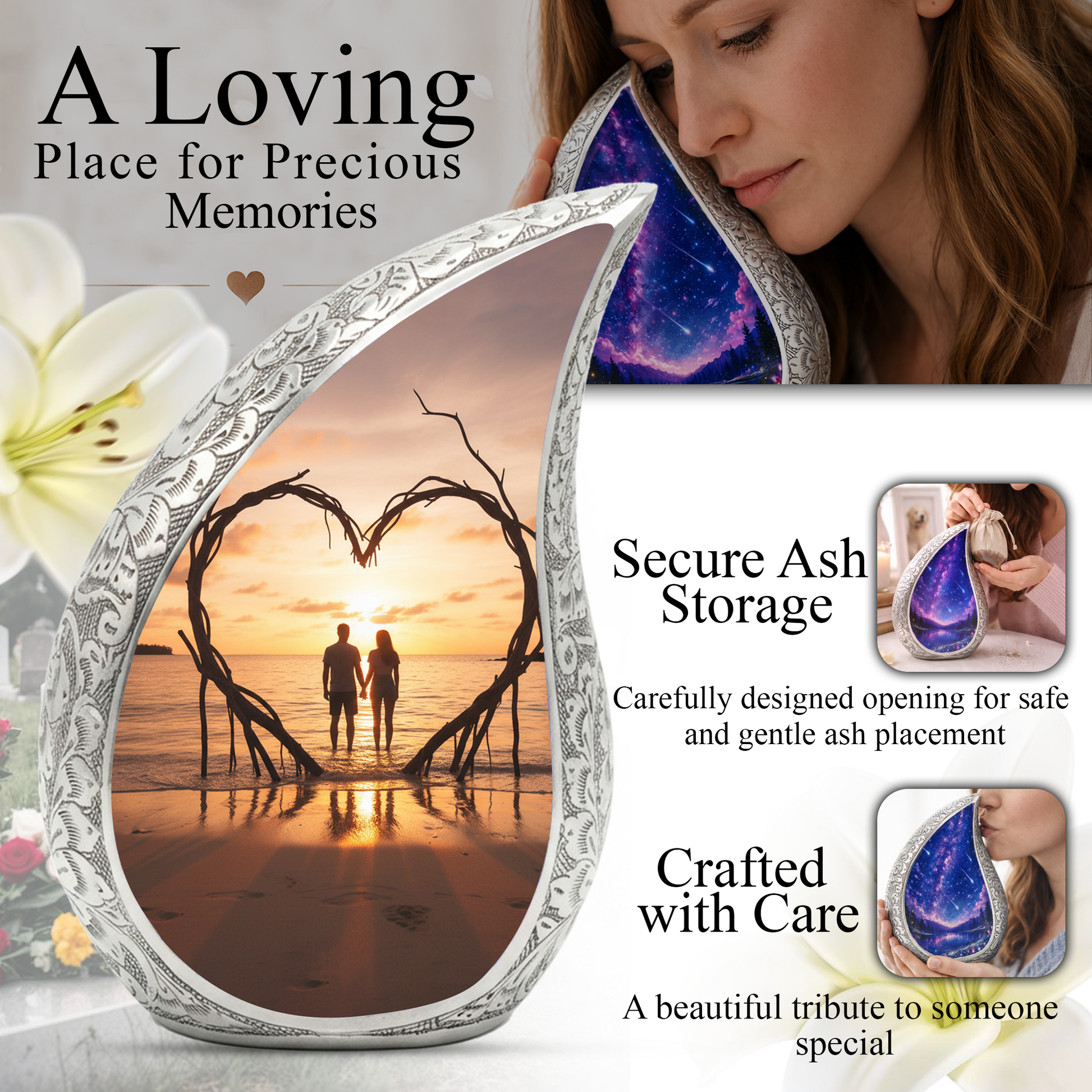 Couple Love Sunset Personalized Cremation Urn – Teardrop Aluminum Memorial Urn, 10 Inch