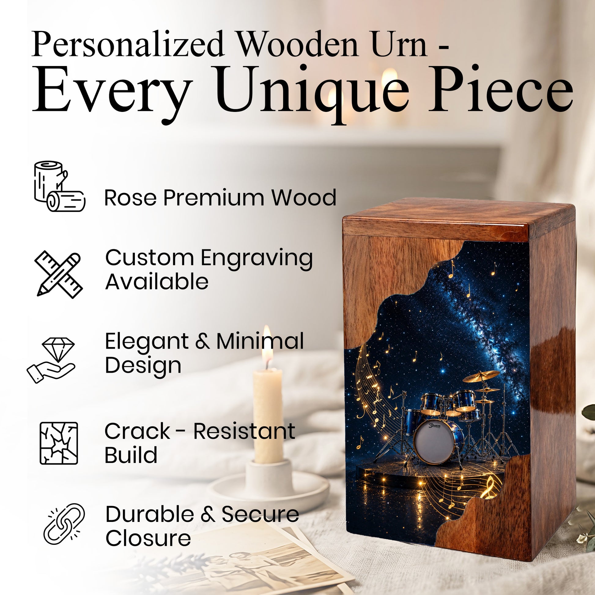 Music Memorial Wooden Cremation Urn – Drum Set Memorial Urn