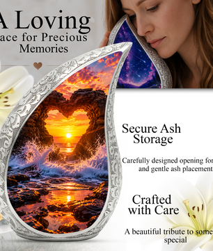 Heart Rock Ocean Sunset Memorial Urn – Personalized Cremation Urn for Human Ashes| Coastal Memorial Keepsake