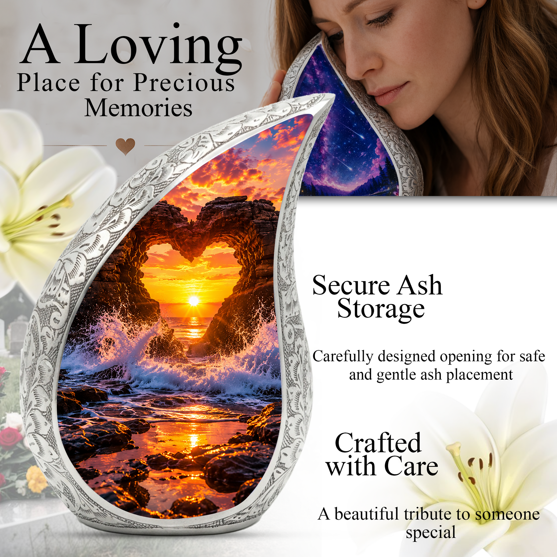 Heart Rock Ocean Sunset Memorial Urn – Personalized Cremation Urn for Human Ashes| Coastal Memorial Keepsake