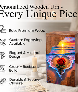 Rose Beach Wooden Cremation Urn – Sunset Ocean Memorial Urn for Human Ashes